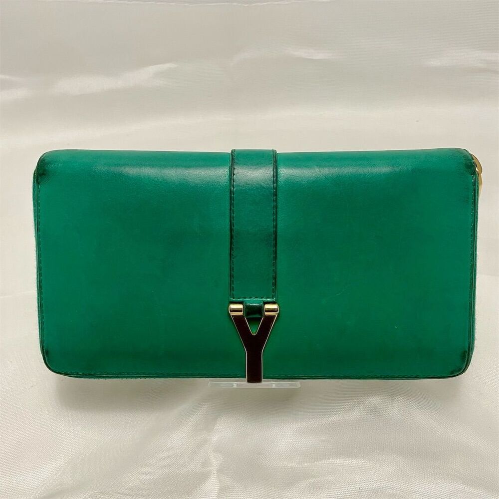 Saint Laurent Y Calfskin Leather Wallet Emerald Green Gold Hardware